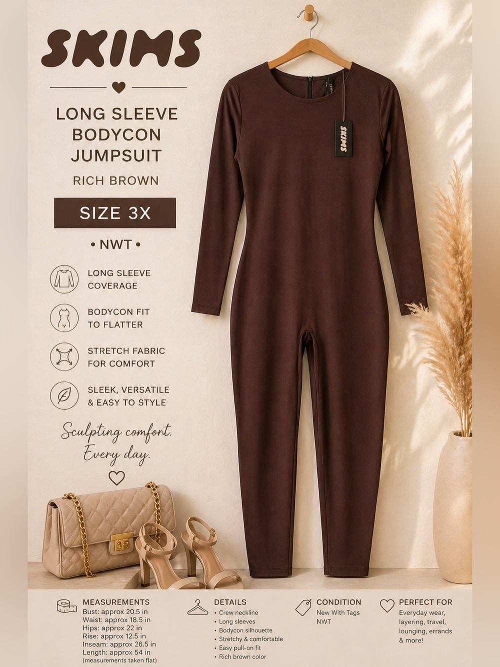SKIMS Brown Long Sleeve Bodycon Jumpsuit Size 3X NWT